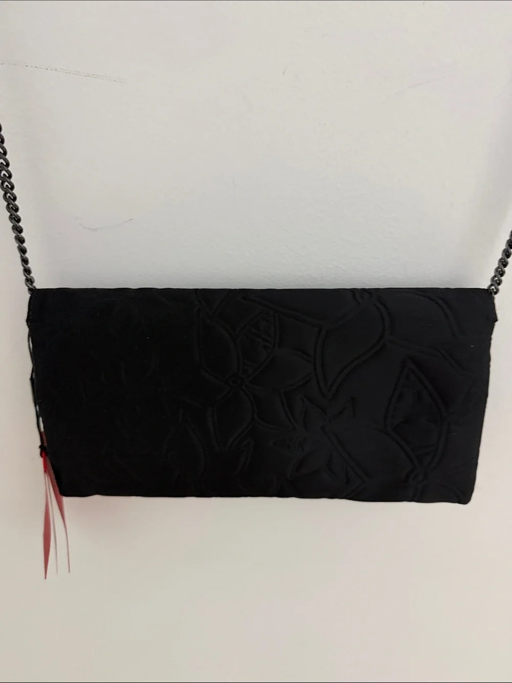 Carolina Herrera Black Quilted Crossbody with Crystal Brooch and Red Tassel